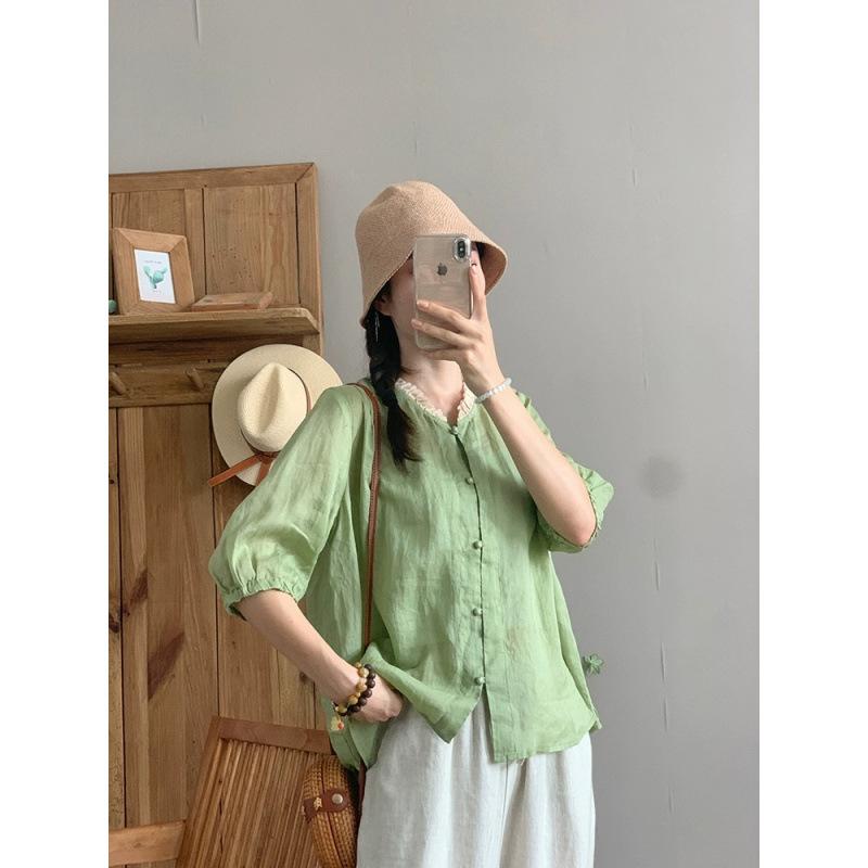 1116 literary and retro summer temperament beautiful short-sleeved loose cotton and linen women's shirt