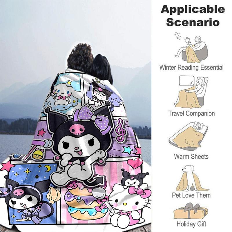 1pc Kuromi & Hello Kitty Blanket, Soft Throw for Home Decor, Gift Idea, Living Room, Travel, Camping, Car Blankets, Beach, Office Naps, Suitable for A