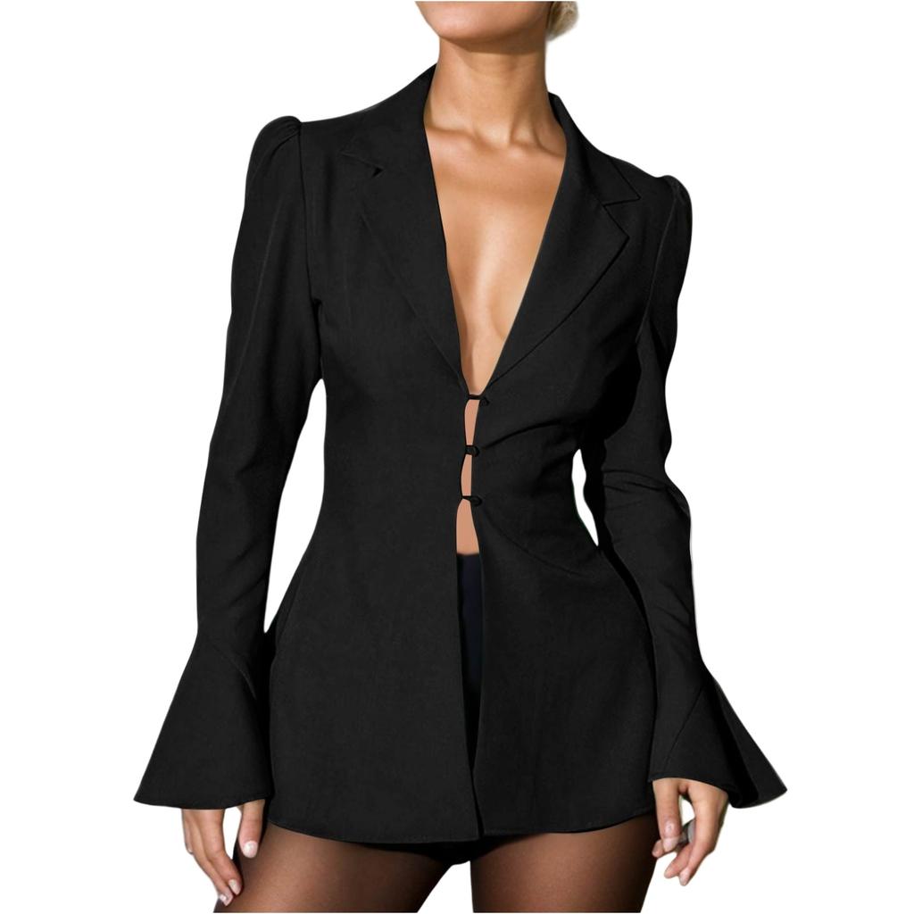 Женская рабочая модная повседневная куртка с длинным рукавом и V-образным вырезом, однотонный топ на одной пуговице