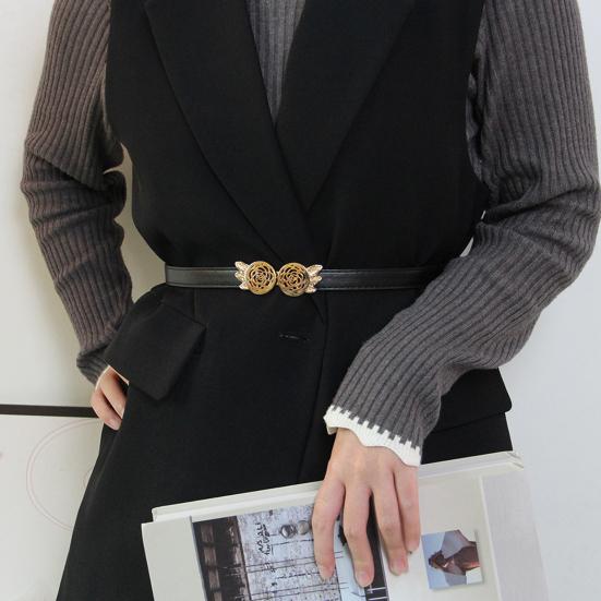 Женский ремень регулируемый из искусственной кожи с пряжкой с розовым узором пояс для платья рубашки свитера пальто аксессуар