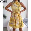 Women's Fashion Summer Spring Flower Pattern Print Sleeveless Hanging Neck High Waist Casual Dresses