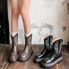 Vintage Embroidery Women Western Cowgirl Boots Fashion Zippers Shoes Autumn Winter Thick Heel Ladies Knight Mid Calf Booties