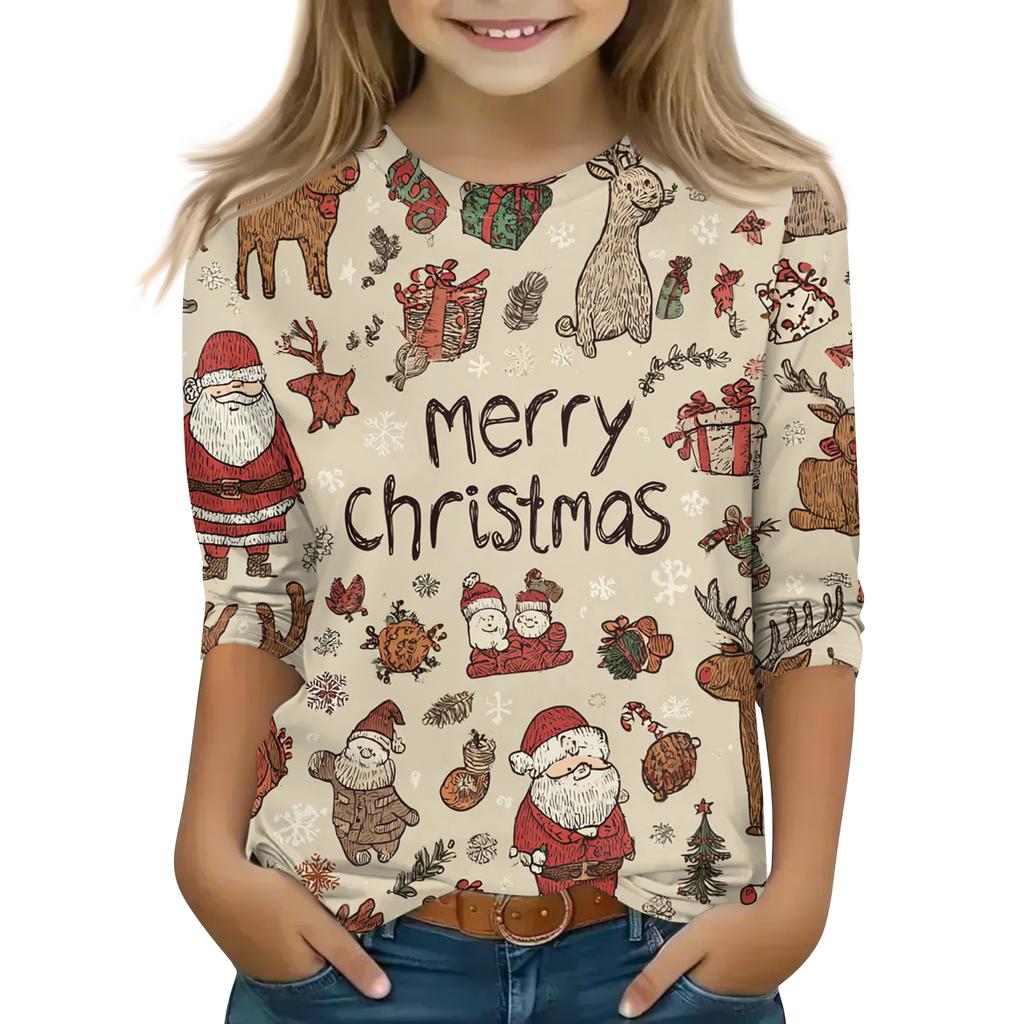 Children's 3/4 Sleeve Round Neck Top Christmas Tree Printed Everyday Casual Top