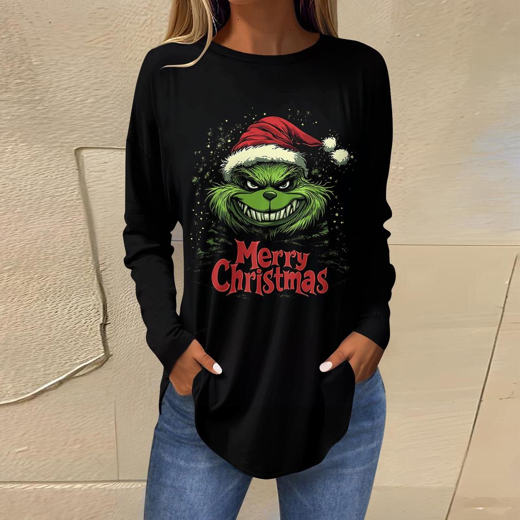 Women's Loose Round Neck Print Long Sleeve T-Shirt Top Pullover