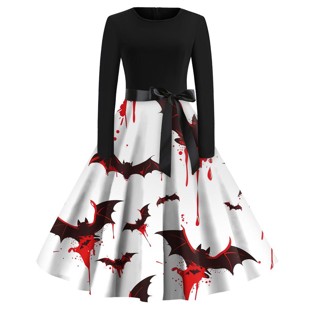 Платье-клеш с принтом на Хэллоуин для женщин с длинным рукавом, повседневные платья с круглым вырезом и ажурной отделкой