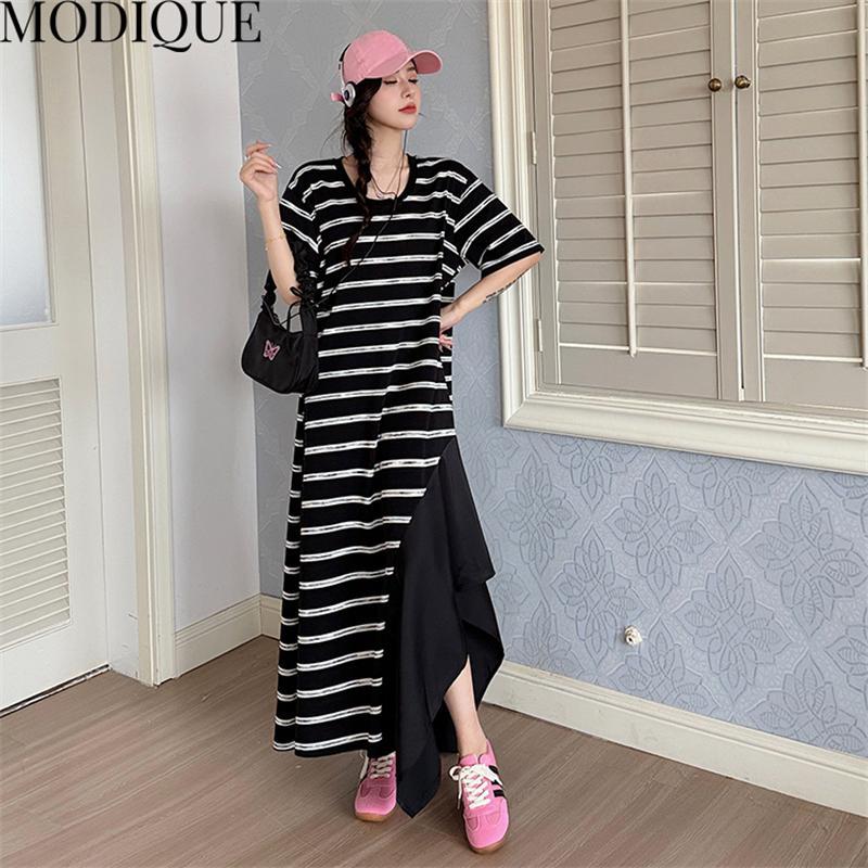 MODIQUE Лето Плюс Размер Женщины Свободные Универсальные Черно-Белые Полосы Лоскутные Длинные Платья Женские Повседневные Платья С Коротким Рукавом U-образным Вырезом