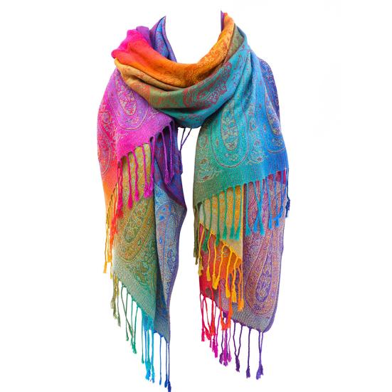 Imitation Wool Shawl Rainbow Color Art Printing Wrap Scarf with Tassels Women Poncho Shawl Blanket Scarf