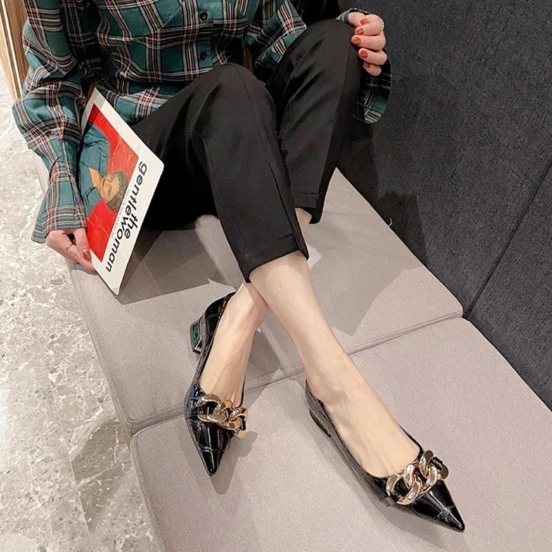 Shoes For Women 2024 Formal Pointed Toe Ladies Summer Footwear Black Normal Leather Casual Low Heel Elegant Korean Style Offer