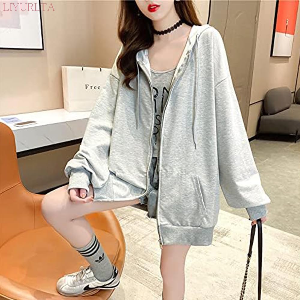 LIYURLTA Oversized Loose Flattering Long Harajuku Korean LIY38 Women's Hoodie, Fit, Sweatshirt, Lightweight, Casual, Zip-Up Hoodie, Sleeve, Coat,