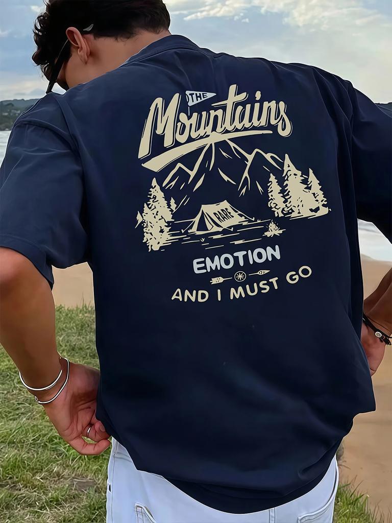 Casual Graphic Tee Unisex Retro Mountain Camping Men's T-Shirt 100% Cotton "Mountains Are Calling" Pattern Spring/Summer Outdoor Casua Unisex,gift,Top