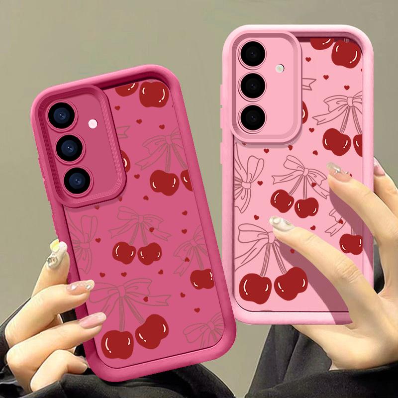 Cherry Pattern Matte Soft Case For Smausng S25 Plus S24 FE S23 Ultra A36 A56 A16 A26 A15 A55 A35 A06 Lens Protection Shockproof TPU Phone Cover