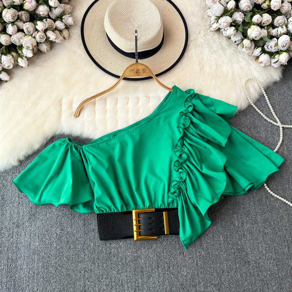 Шикарная блузка Blusas De Mujer с косым воротником и воланами, нерегулярная блузка Ins для женщин, однотонная, со складками на поясе, Camisas, летняя дропшиппинг