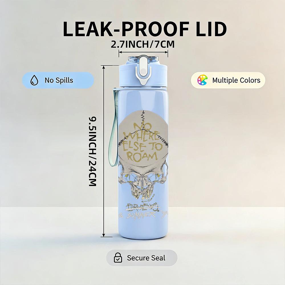 1PC Pale skull monochrome vintage print 750ml colorful plastic sports water bottle leakproof pop up lid with straw for outdoor work home use