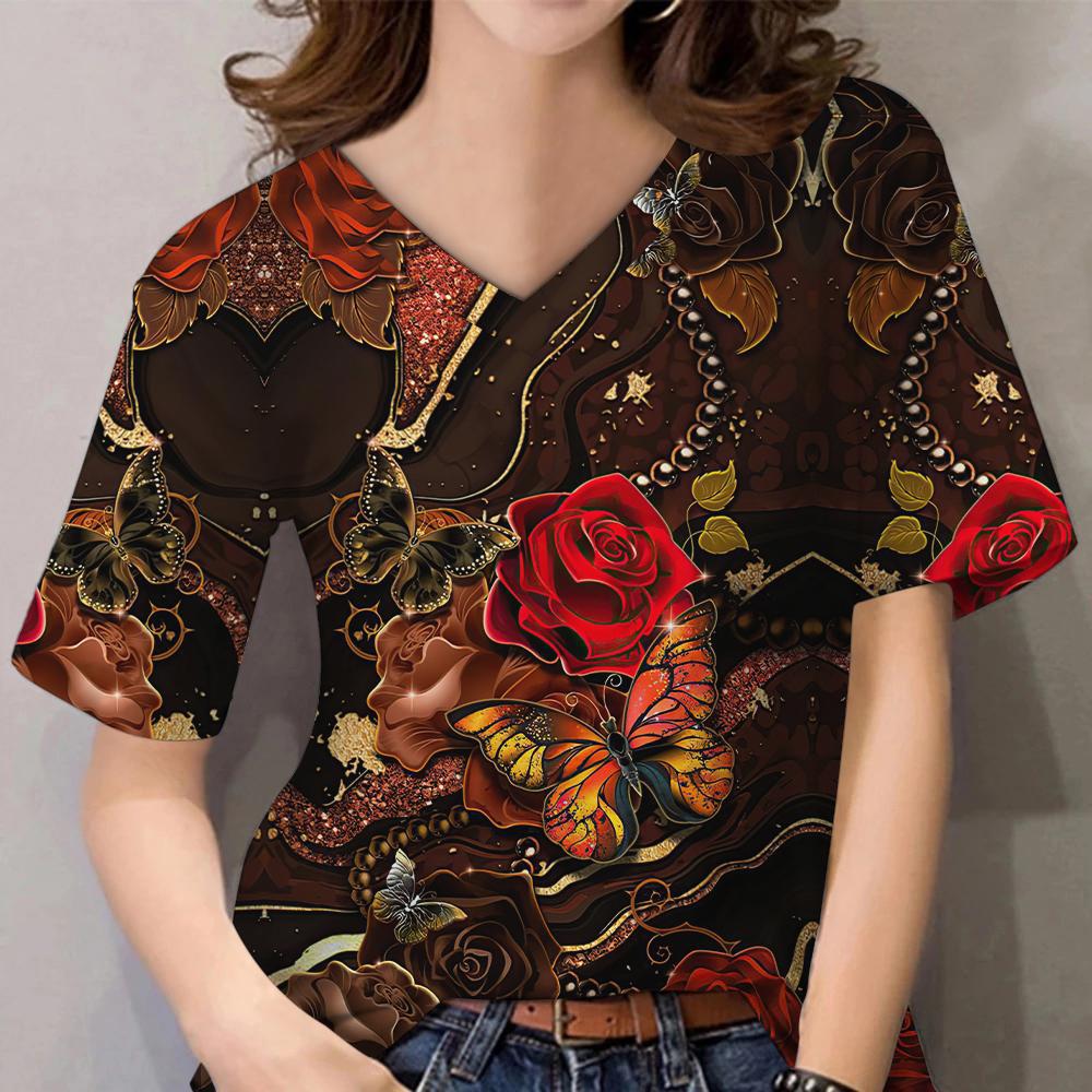 Женские топы с 3D цветочным принтом и коротким рукавом с V-образным вырезом, летние футболки для влюбленных пар