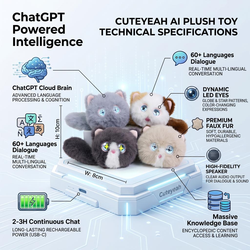 Multi Color Elf Cat Plush Toy PP Cotton Washed Dynamic LED Eyes Touch Interactive AI Kitten Supports 60+ Languages Web Search
