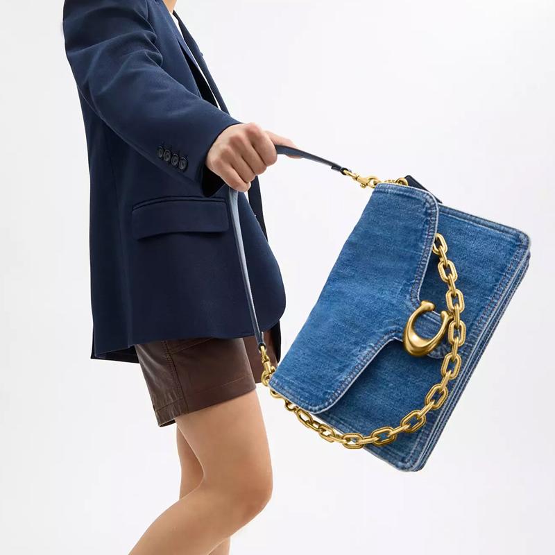 Coach Tabby 30 Removable Chain Strap Denim Shoulder Bag Large Women shoulder bag Brass Dark-Blue CAN17-B4RHO