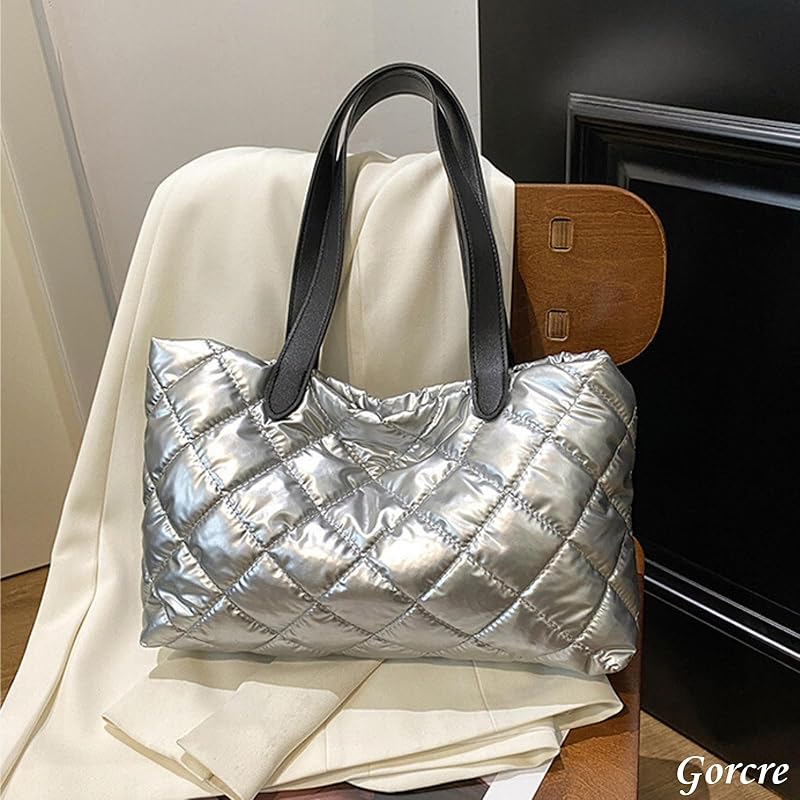 [Gorcre] quilting mini tote bag ladies luster quilt tote bag Shoulder bag lightweight commute Commuting to school casual (Silver)