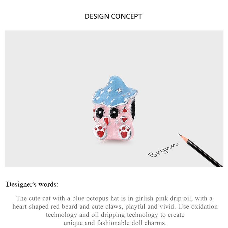 WOSTU Cute Textured Fairy Pink Cat Baby Blue Hat 925 Sterling Silver Beads Fit Bracelet Bangle Fine Jewelry