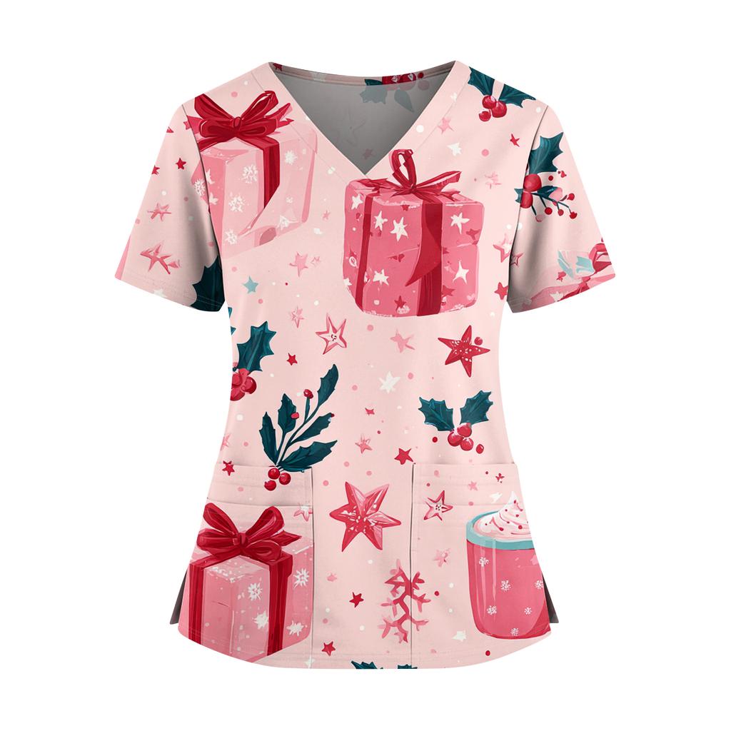 Women's Christmas Print V-Neck Double Pocket Short Sleeves Hem Slit Uniform And Caregiver Top