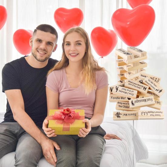 48Pcs/Set Building Block Stacking Tumble Tower Couple Date Night Question Wooden Block Adults Party Game Girlfriend Boyfriend Valentine's Day Gift