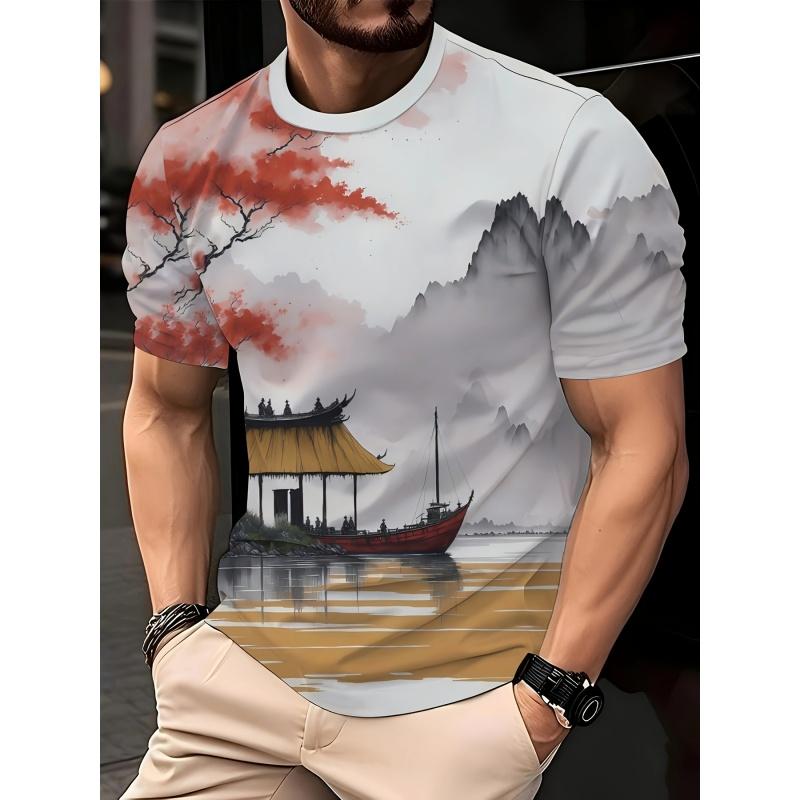 3D Printed Chinese Painting Men's T-shirt Landscape Flower Pattern Short Sleeve Top Harajuku Street High Quality O-neck Clothing
