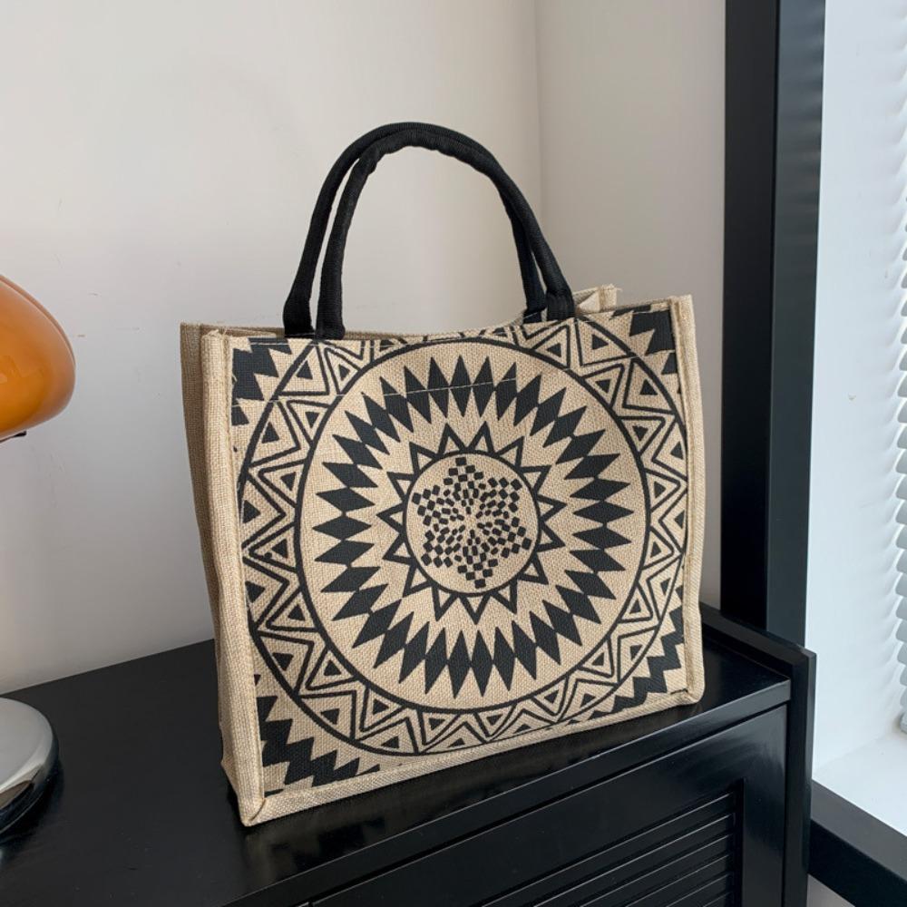 Tote Bag Ethnic Style Handbag Canvas Embroidery Shoulder Bag Geometric Cloth Bag Storage Bag
