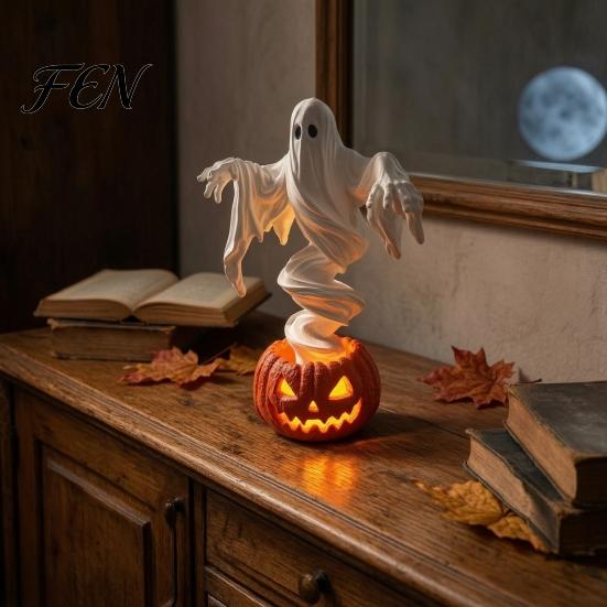 Decorative Figurine for Halloween Swirling Ghost Pumpkin Yard Lamp, Lighted Spooky Statue, Warm LED Outdoor Tabletop Statue Decor, Fall Autumn Garden
