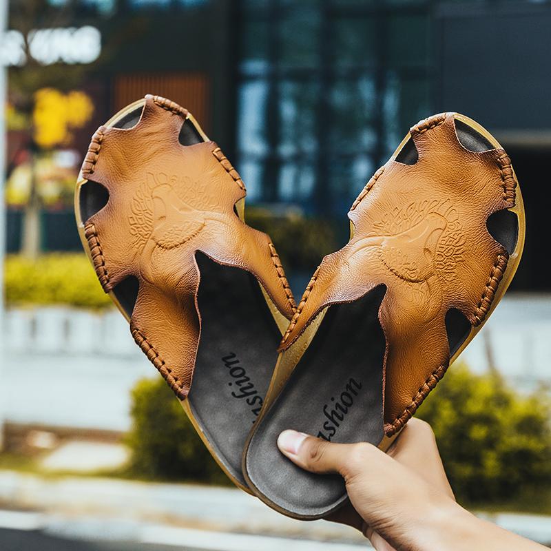 Genuine Leather Men Beach Slippers Plus Size Home Sandals Summer Beach Sandals Outdoor Casual Walking Beach Flip Flops Men Shoes