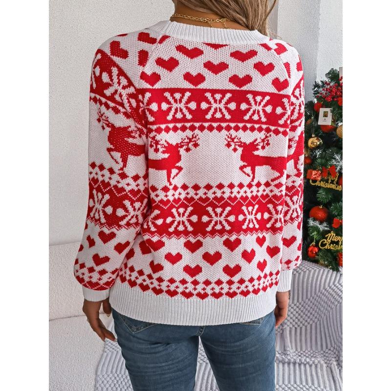 Autumn and Winter Christmas Fawn Pattern Women's Long-sleeved Pullover Sweater, Warm and Comfortable Women's Tops In a Festive Atmosphere