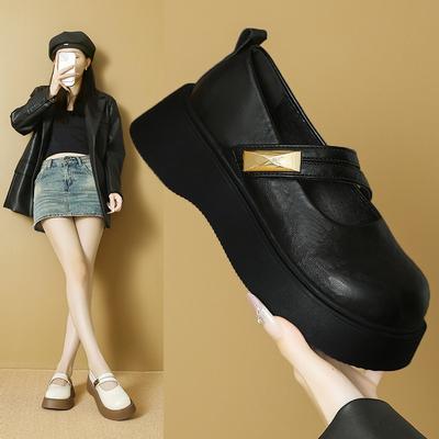 Женские туфли Мэри Джейн осень новые с юбкой большая голова одинарные туфли маффин толстая подошва черные маленькие кожаные туфли