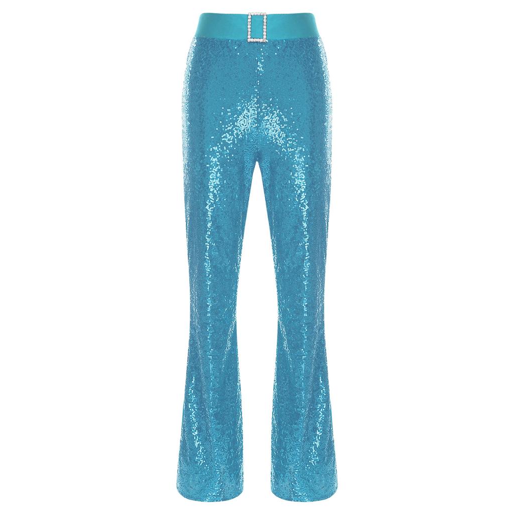 Womens Glittery Sequin Jazz Dance Pants Flared Design Elastic High Waist Rhinestone Decor Bell Bottom Trousers