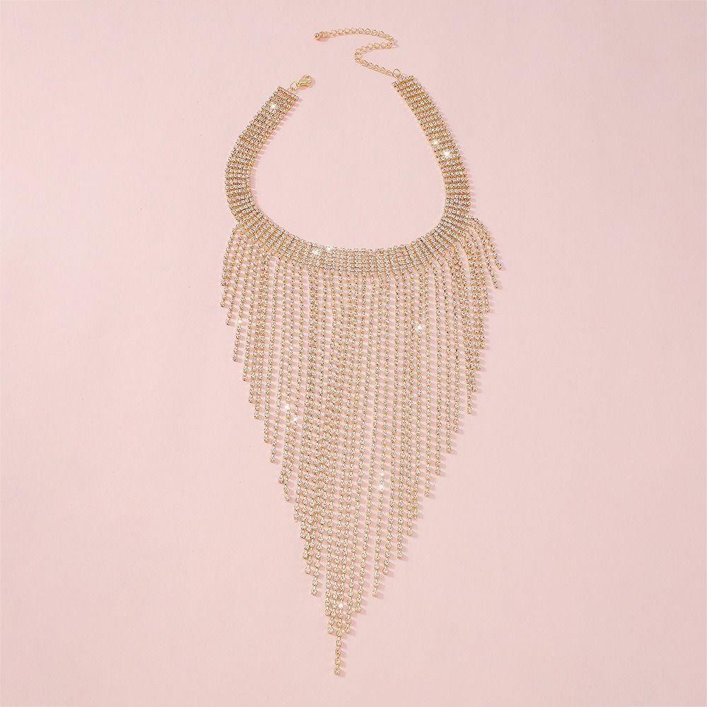 Korean Style Long Tassel Necklace Sparkling Clavicle Chain Retro Full Rhinestone Necklace Gift