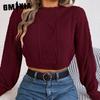Women's Fashion Casual Autumn Winter Long Sleeve Round Neck Loose Solid Color Twist Jumper with Crop Top