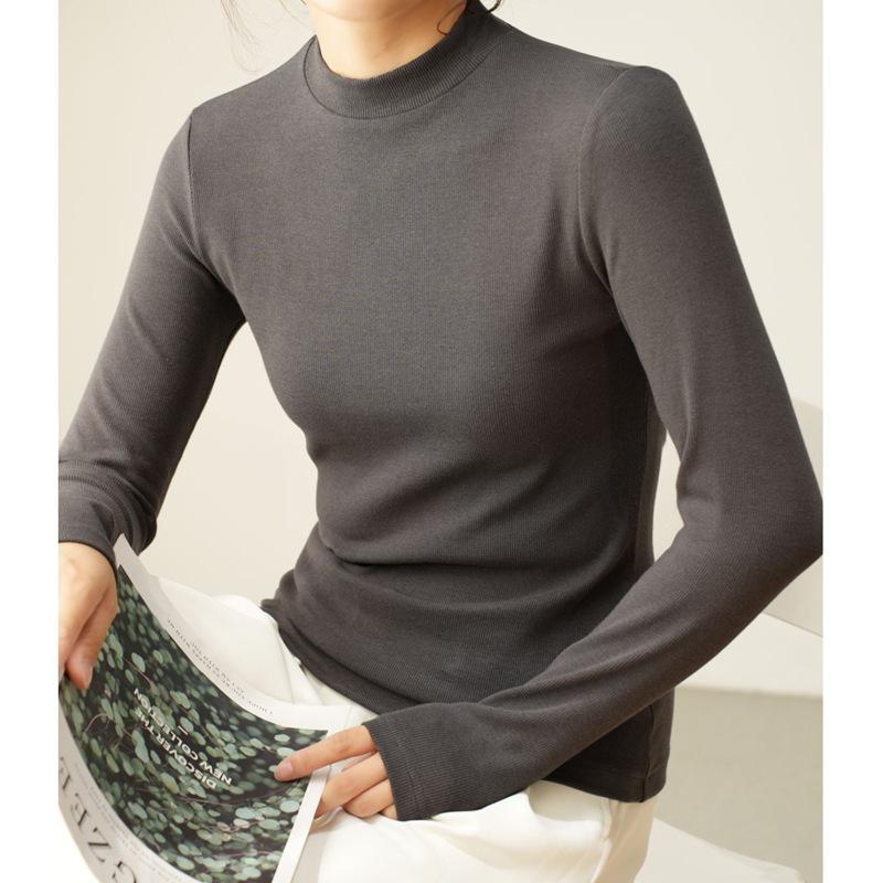 Новая осенне-зимняя футболка из чистого хлопка с длинными рукавами для женщин в корейском стиле, тонкая футболка, однотонная универсальная базовая рубашка