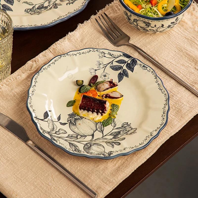 Керамическая тарелка в стиле ретро-дворца, легкая, роскошная, ресторанная, десертная, тортовая, домашняя, паста, обеденная тарелка, изысканные цветы, столовая посуда
