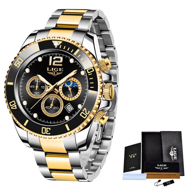 LIGE Top Brand Luxury Men Watch Business Stainless Steel Quartz Wristwatches Luminous Waterproof Watch for Men Clock Gift+Box