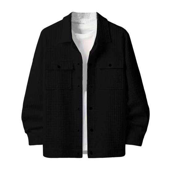 Мужское пальто с лацканами, длинный рукав, однотонная куртка с небольшим квадратным украшением, свободный крой, однобортная верхняя одежда