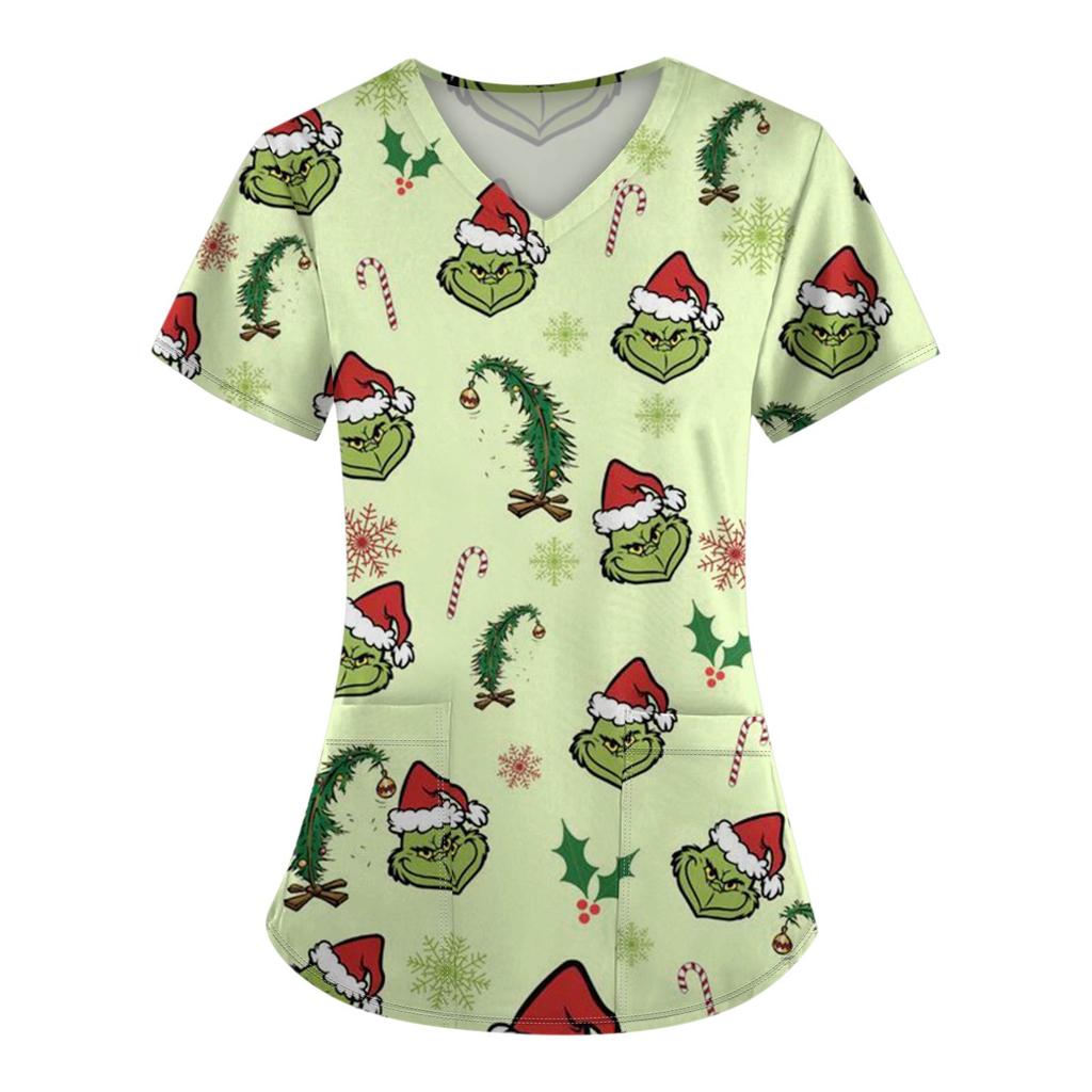 Женские модные топы с короткими рукавами и V-образным вырезом с принтом, рабочие футболки с карманами