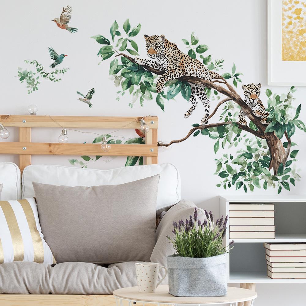 Деньги Леопард Ветви Птицы Спальня Гостиная Прихожая Дом Фон Украшение Наклейки на стену