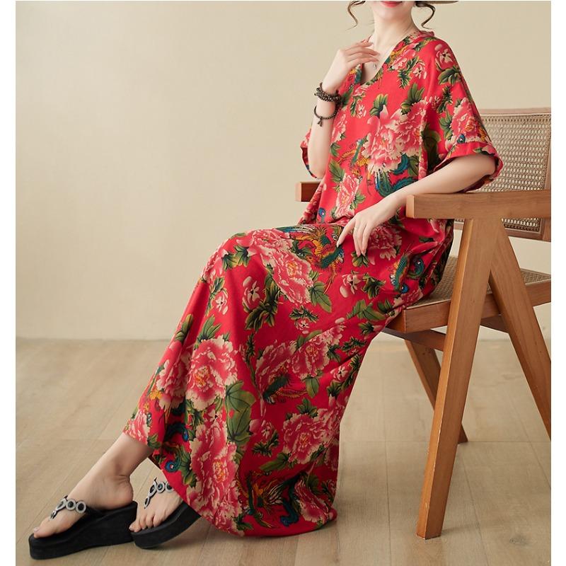DIMANAF Women 2024 Plus Size Spring Summer Oversize Style Dress Beach Elegant Floral Long Dress Oversize Basic Loose Dress Plus Size