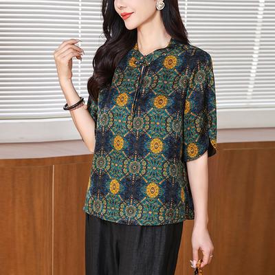 Рубашка из ароматной облачной пряжи хуало, наряд для мамы, летняя, в стиле ретро, с воротником-стойкой, шелковая рубашка со средним рукавом, шелковый топ для женщин