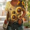 Daily Fashion V-neck Short Sleeve Tops Sunflower Patterns Printed Plus Size Loose Women's Clothing Outdoor T-Shirt