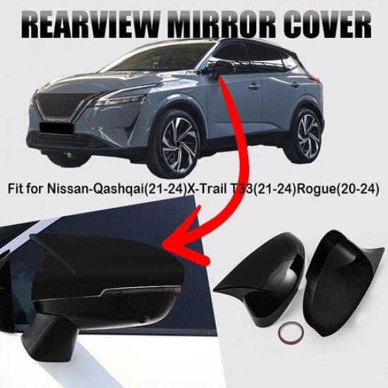 For Nissan Rogue ~2024 Gloss Black Side Rearview Door Wing Mirror Cover Cap