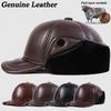 L-2XL High Quality Genuine Leather Hats Winter First Layer Cowhide Warm Earmuffs Bomber Caps Plus Velvet Thicken Man Bone Caps Dad Hat