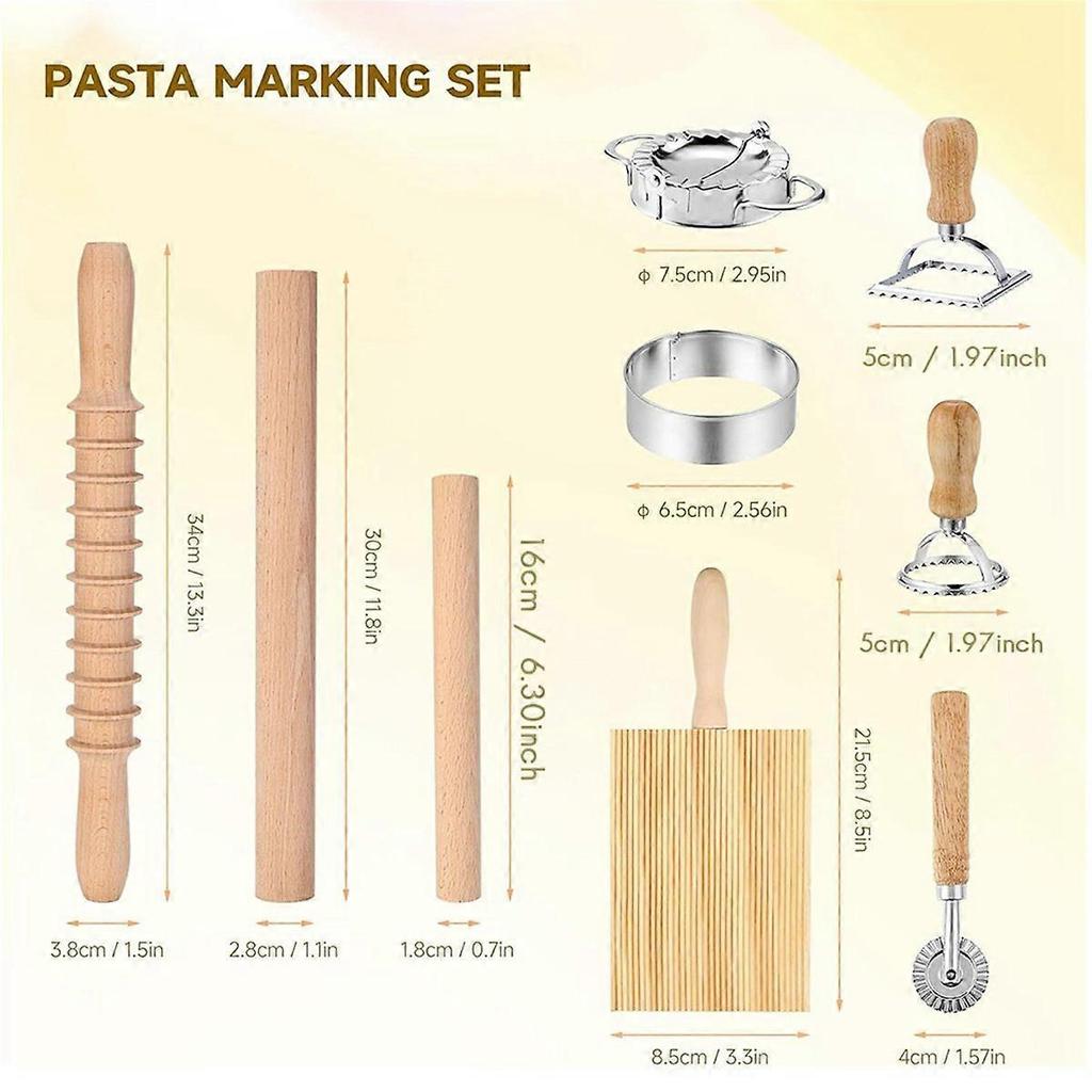 9Pcs Pasta Making Tools Set, Wooden Rolling Pin, Gnocchi Board, Ravioli Stamp Maker Cutter, Pastry C