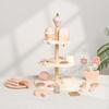 Wooden Tea Party Set Pretend Play with Cupcake Stand & Food Dessert Role Playing Kids