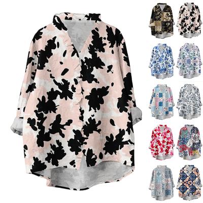 Женский свободный топ с оборками, цветочным принтом, воротником-стойкой и длинными рукавами из хлопка и льна