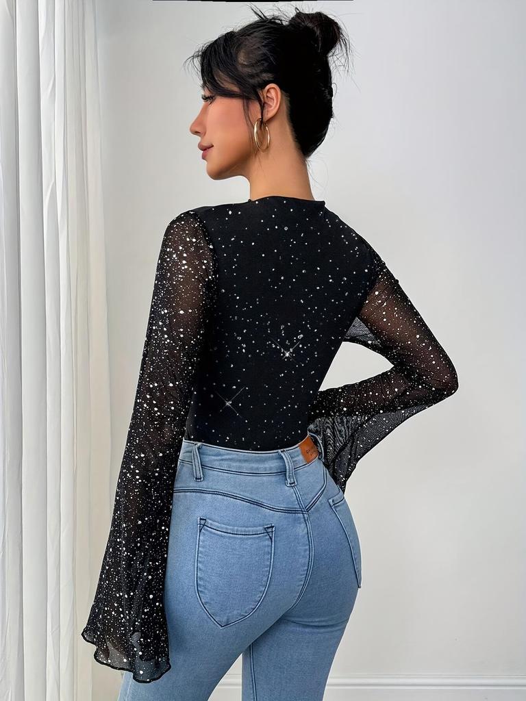 Топ с длинным рукавом из черной сетки с пайетками, европейский и американский стиль, 2025