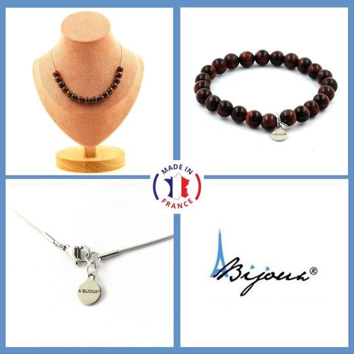 Pierres et Minéraux. Parure bijoux Bracelet Collier 15 Perles Oeil de Tigre rouge 8 mm. Taille personnalisable.