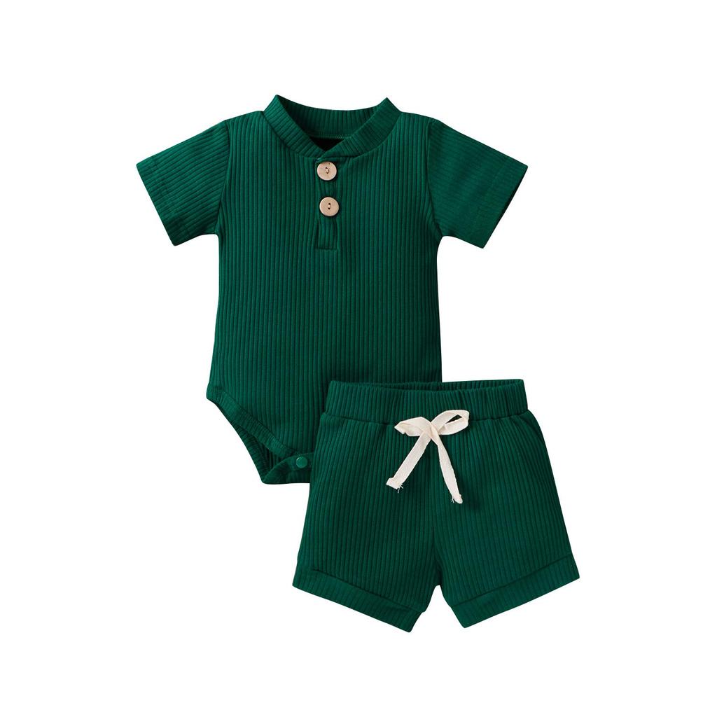 2Pcs Unisex Baby Summer Outfits, Solid Color Ribbed Stand Collar Short Sleeves Romper + Elastic Waist Shorts for Toddler